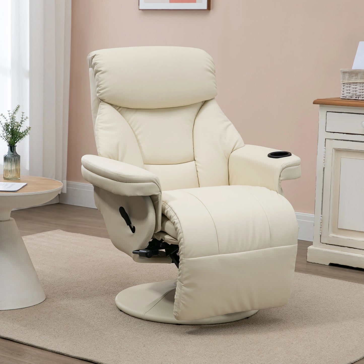 Pu Leather Manual Recliner Armchair With Cup Holder Pocket for Living Room Cream