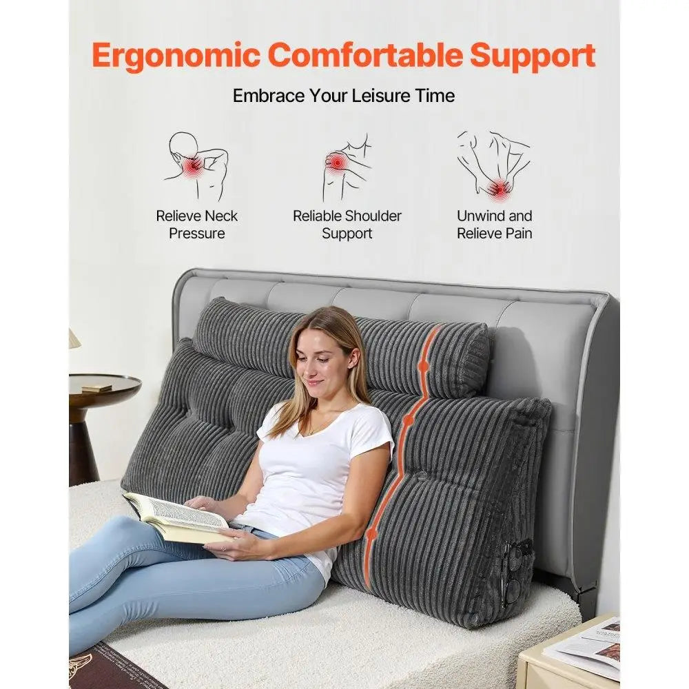 Cozy Queen Size Wedge Headboard Pillow with Side Pockets and Washable Flannel for Reading Gaming and Working in Bed Grey