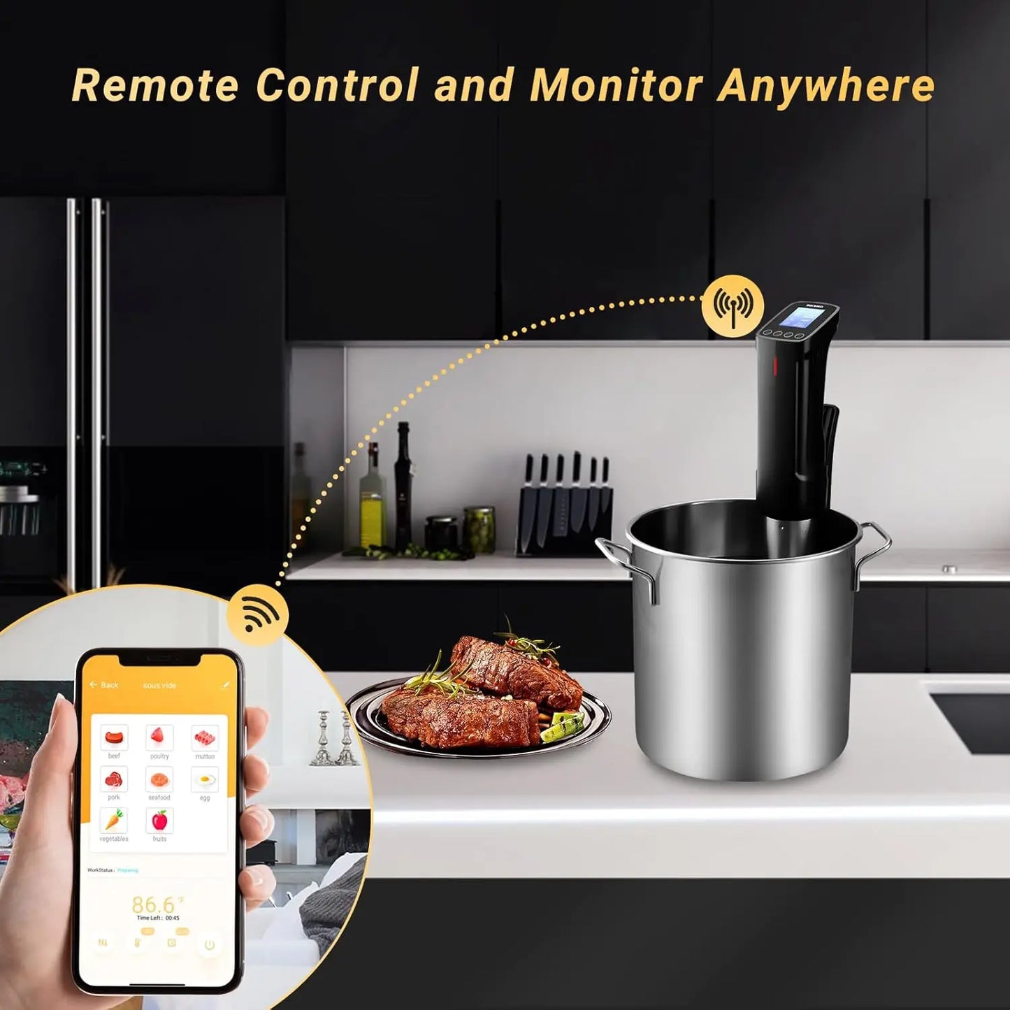 Wifi Sous Vide Machine ISV-100W 1000 Watts Sous Vide Cooker Circulator with 14 Preset Recipes and Calibration Function