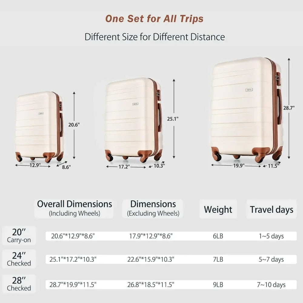 Merax 3 Piece ABS Luggage Set TSA Lock Pearly White 20 24 28