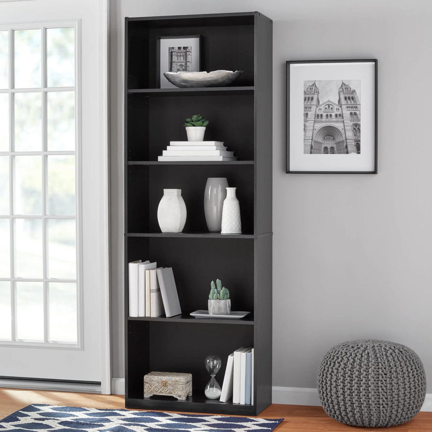 5 Shelf Bookcase with Adjustable Shelves Solid Wood Closed Back Display Bookshelf for Living Room Bedroom Home and Office White