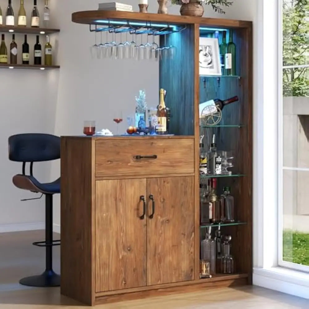 LED Bars Cabinet with Wine Glass Holder and Glass Display Cabinet Coffee Bars with Storage and Two Drawers for Home Dining Room