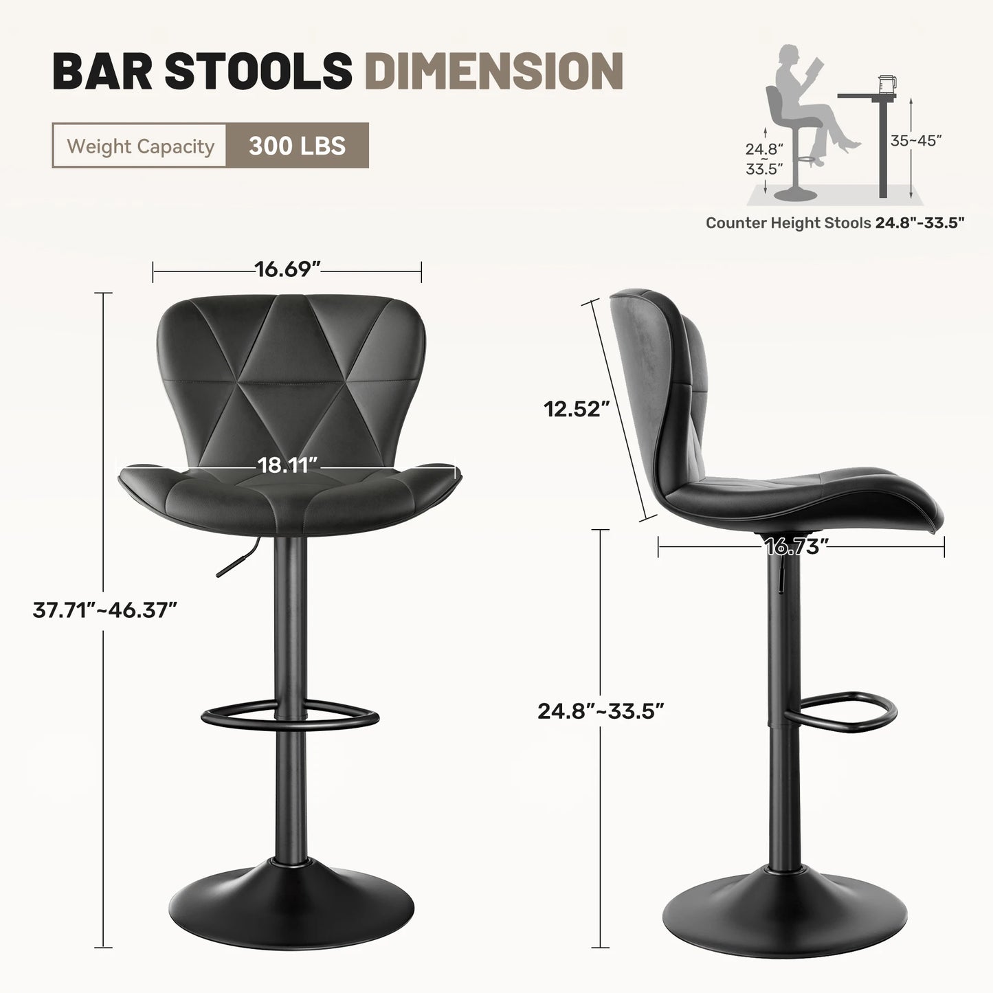 2 Pcs Bar Chair 360 Degree Rotation Adjustable Height Faux Leather Upholstered Backrest Bar Furniture for Dining Room Kitchen