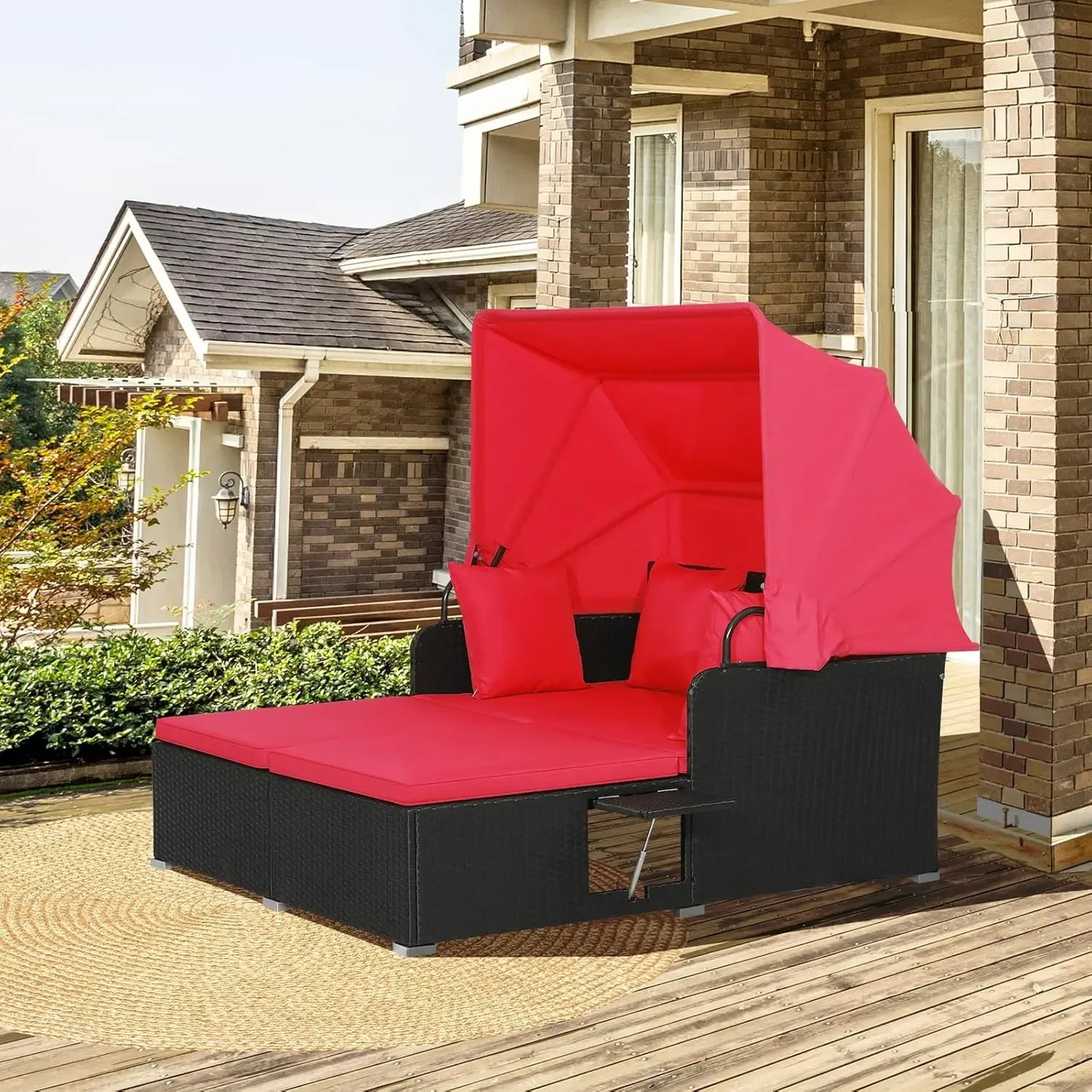 Outdoor Hand Woven PE Wicker Daybed Patio Loveseat Sofa Set with Retractable Canopy and 2 Side Tables