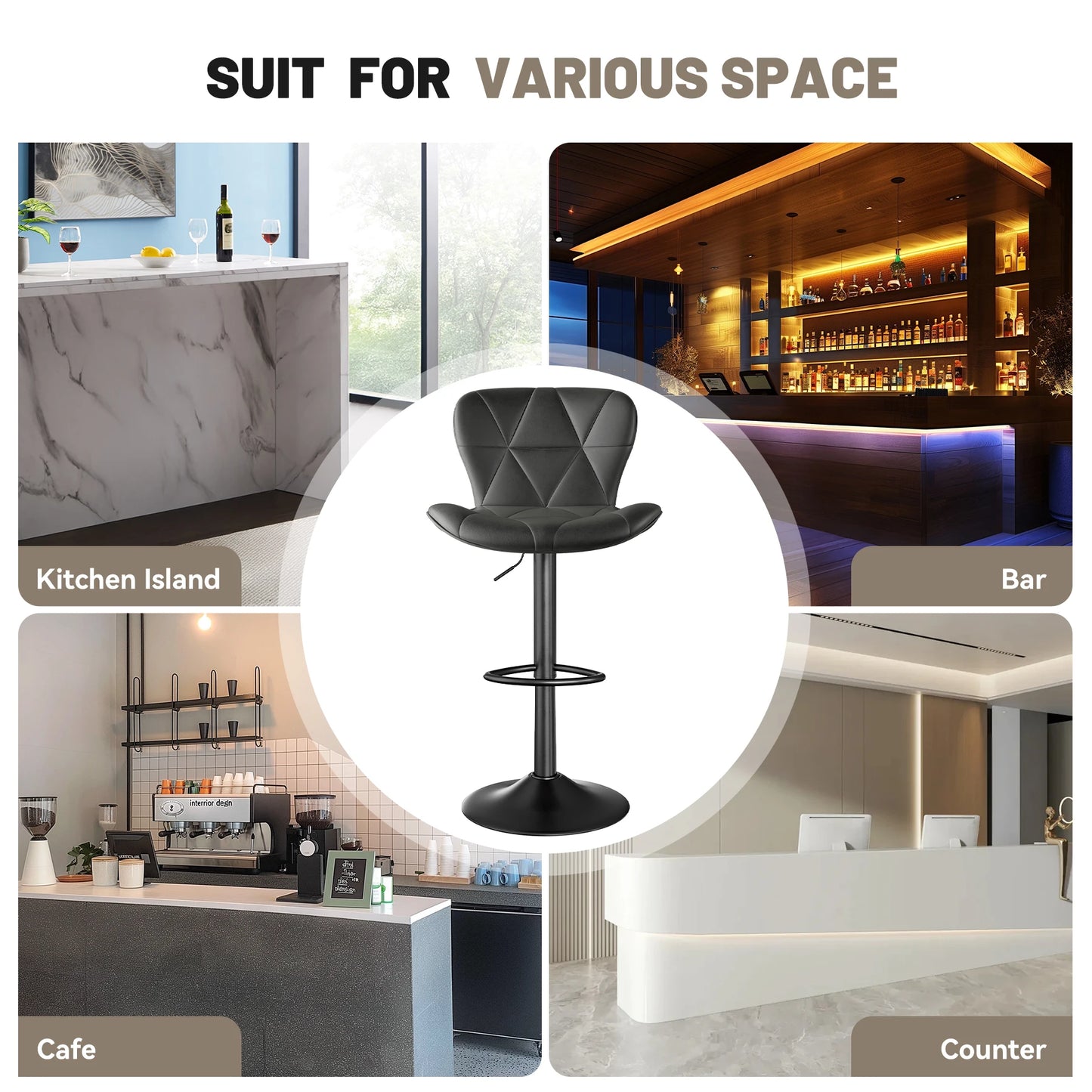 2 Pcs Bar Chair 360 Degree Rotation Adjustable Height Faux Leather Upholstered Backrest Bar Furniture for Dining Room Kitchen