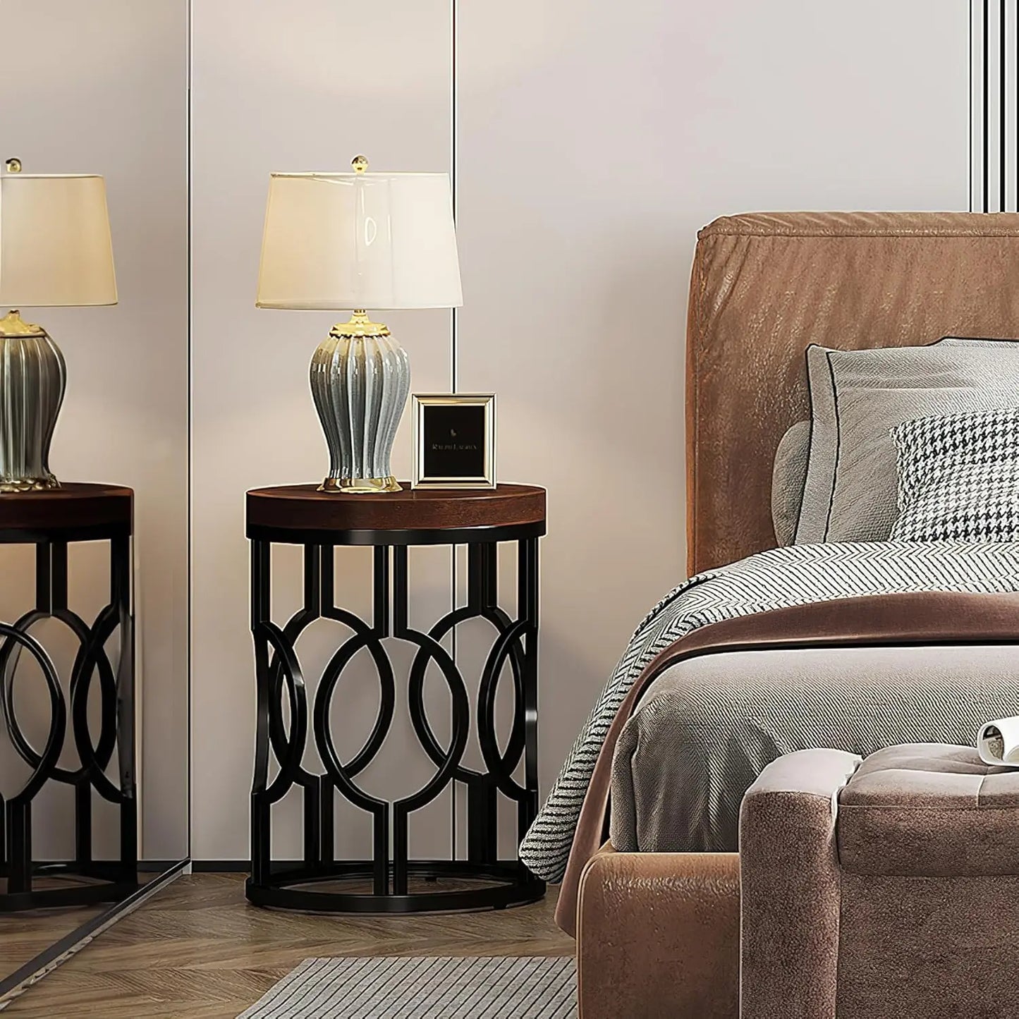 Round End Table With Hollow Metal Frame Bedside Nightstand