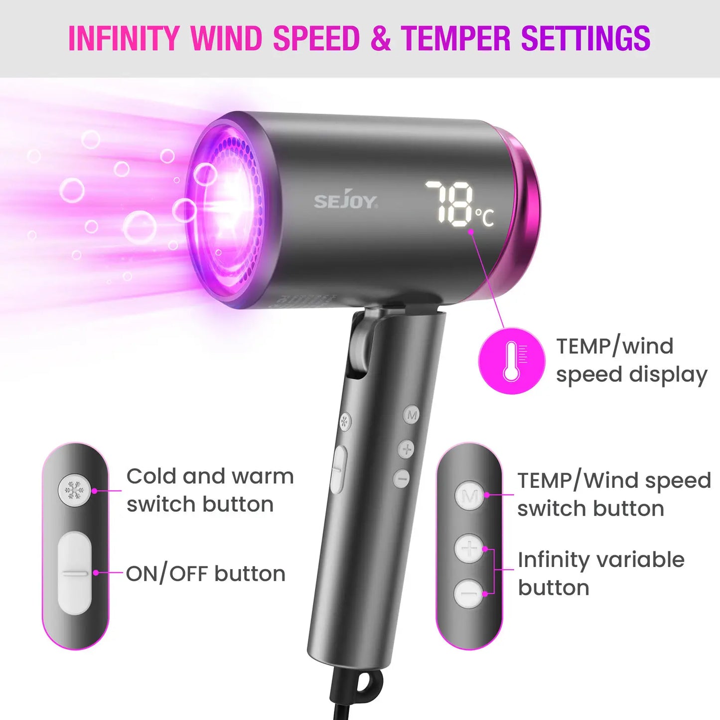 Sejoy Hair Dryer 1800W Professional Salon Ionic Blow Dryer with Negative Nozzle