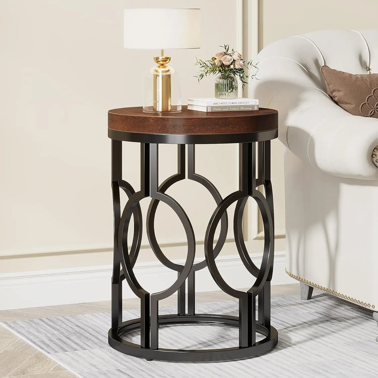 Round End Table With Hollow Metal Frame Bedside Nightstand