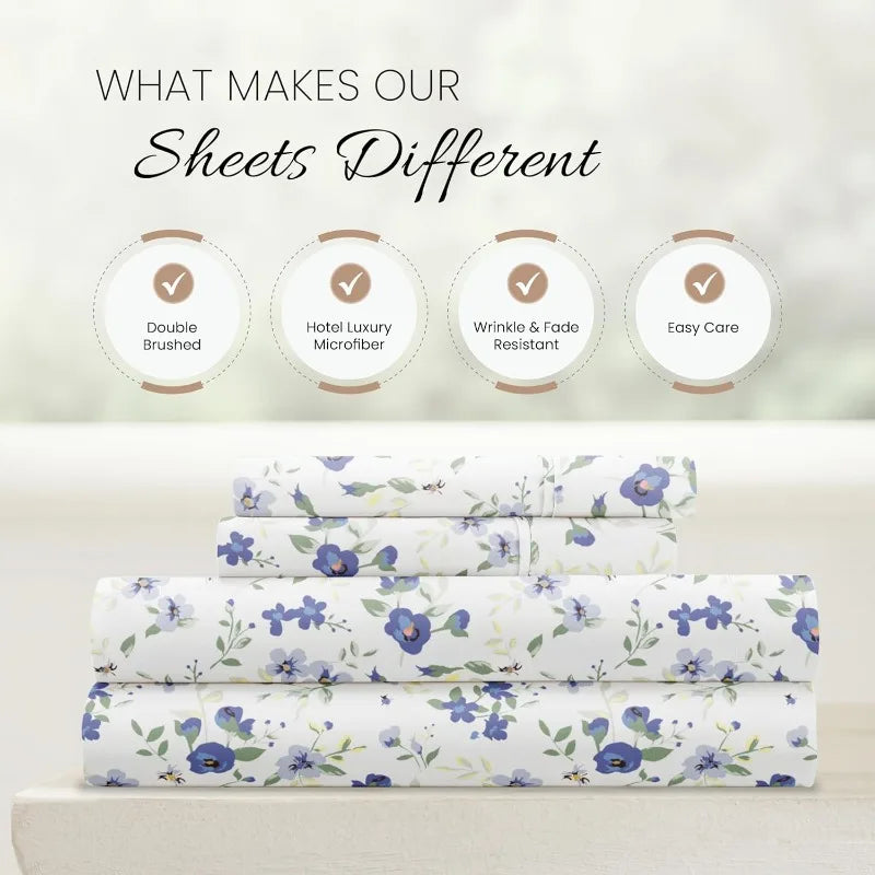 4 Piece Queen Sheet Set Light Blue Floral Ultra Soft Cooling Bed Sheets