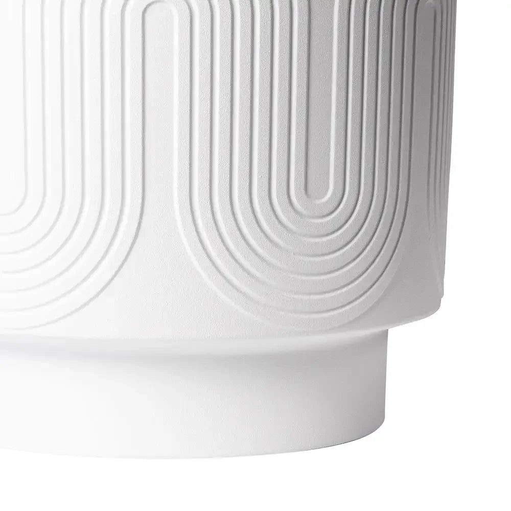 12 Inch White Ceramic Planter Grooved Wave Design Indoor Flower Pot with Drainage Plug
