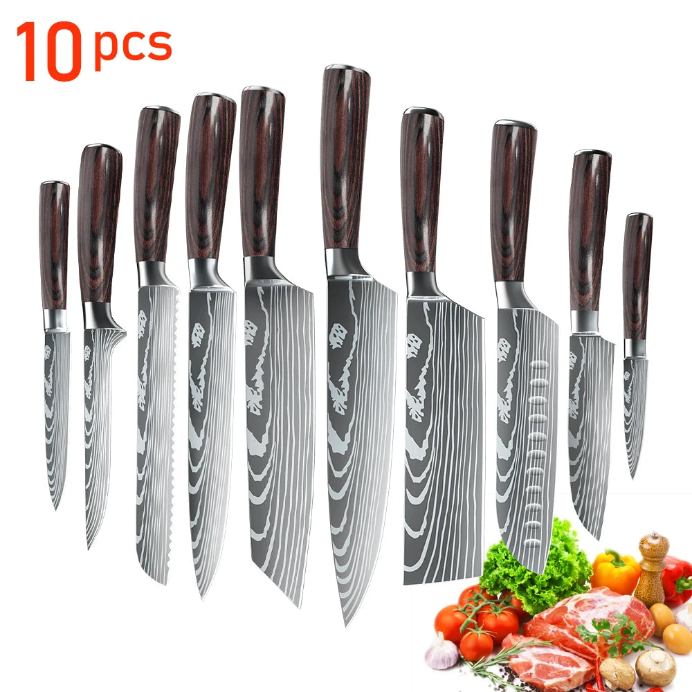 5PCS Japanese Kitchen Knives Set Professional Laser Damascus Pattern Stainless Steel Meat Cleaver Slicer Knife