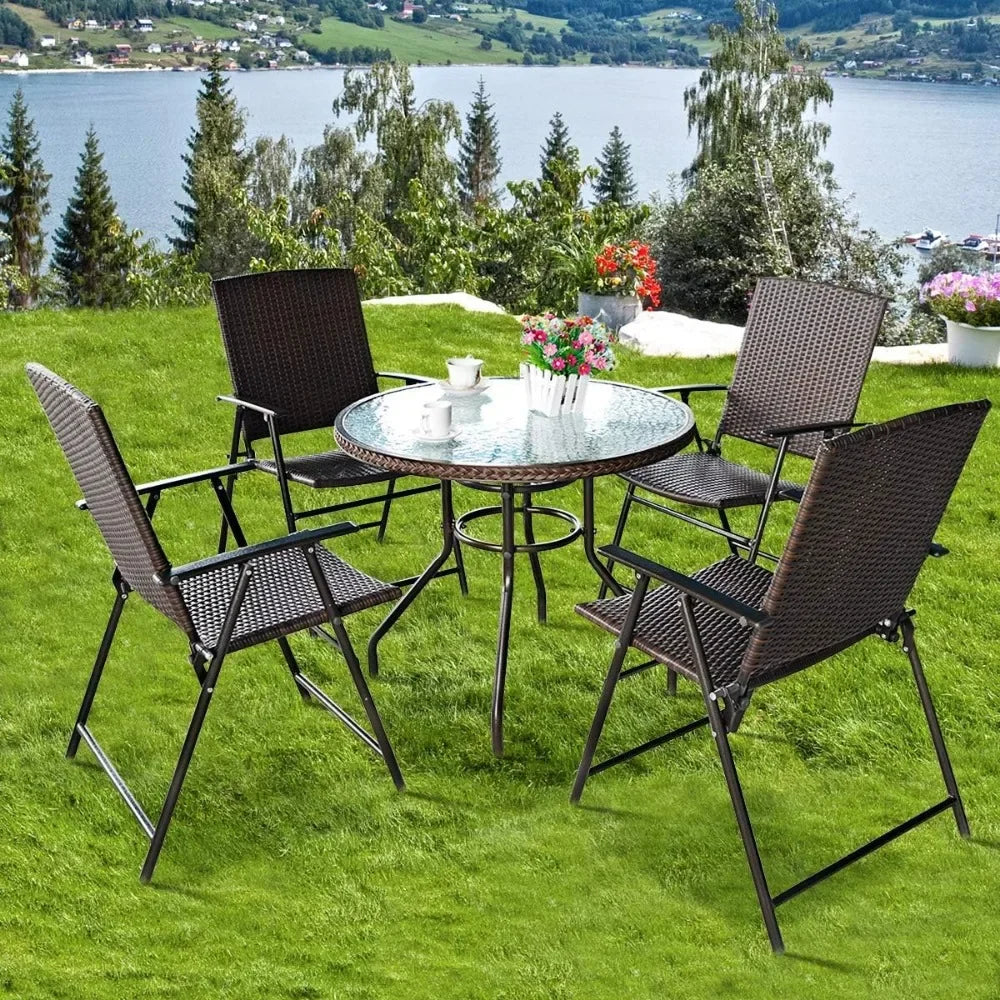 4 Piece Folding Patio Chair Set Outdoor Pool Lawn Portable Wicker Chairs with Armrest and Footrest Durable Rattan Steel Frame