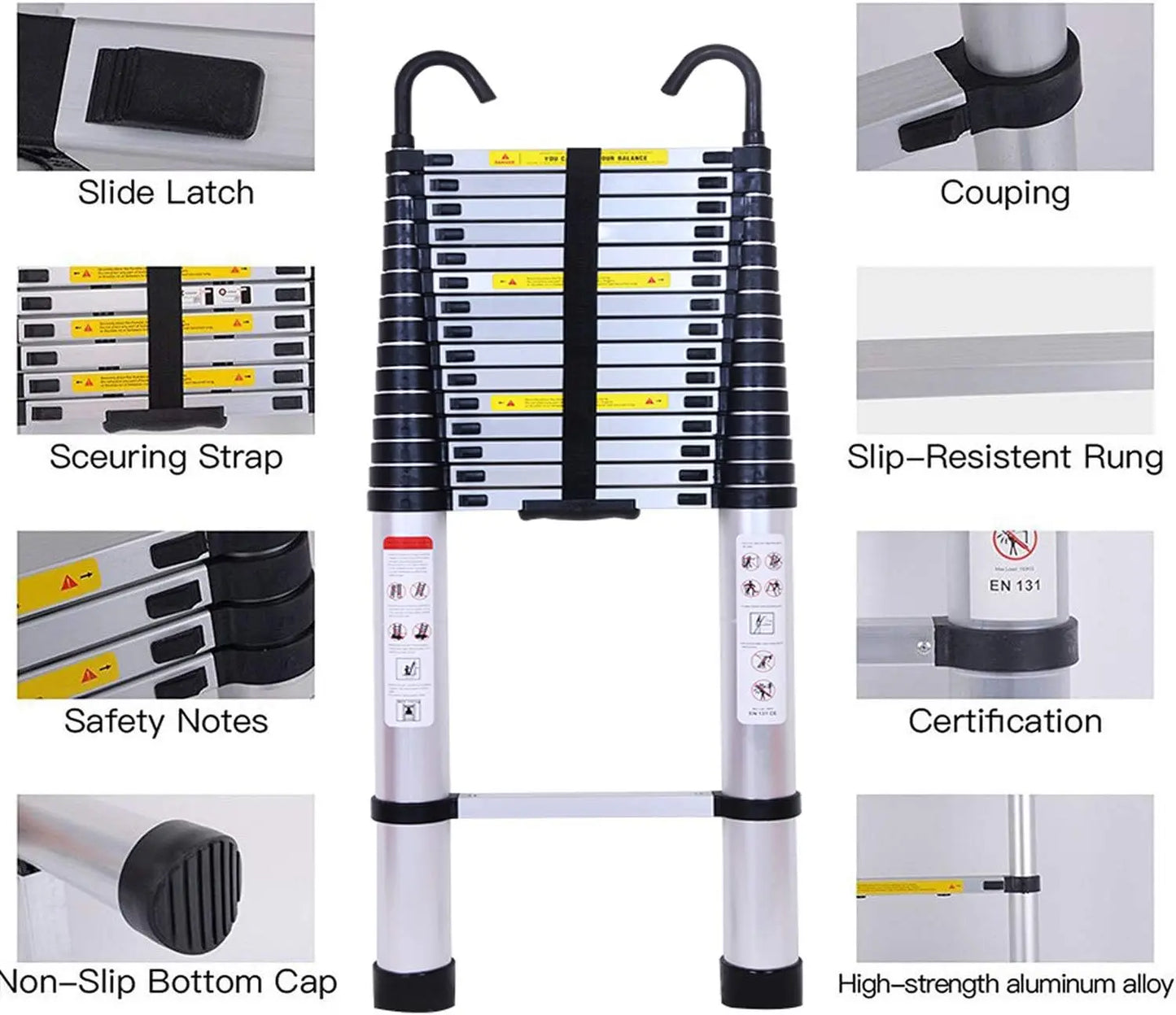 Telescopic Ladder 6.2 Meters with Detachable Hooks and Extendable Steps Folding Tall Loft Ladder with Non Slip Feet Collapsible Design