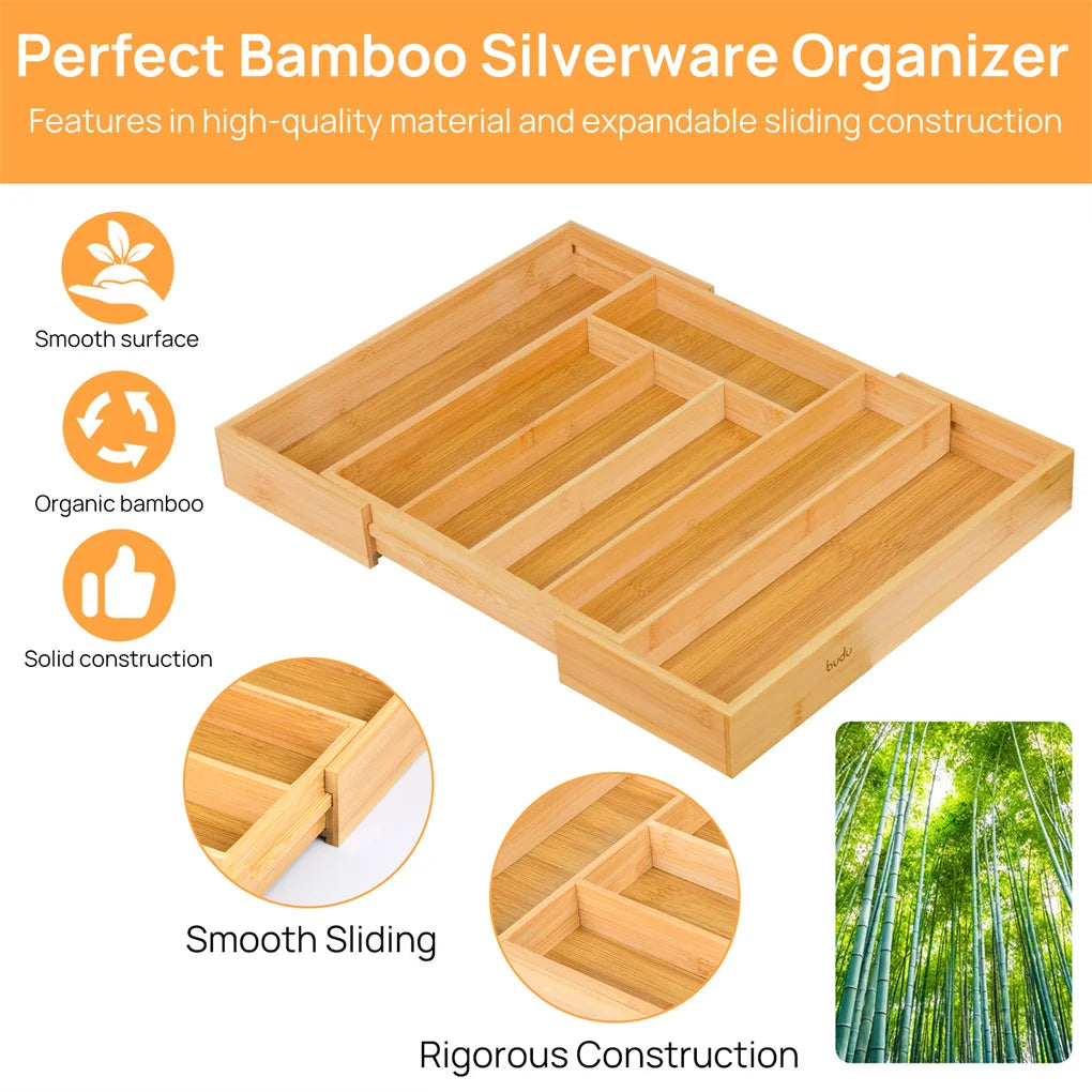 Expandable Bamboo Kitchen Drawer Organizer Adjustable Cutlery Tray for Utensils Silverware and Flatware 5 to 7 Slots