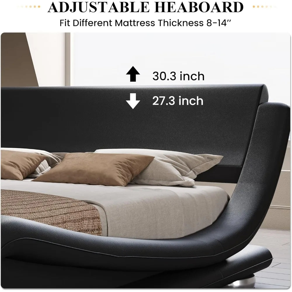 Bed frame, Low Profile Sleigh Bed with Faux Leather Ergonomics Headboard, No Box Spring Needed Easy Assembly, Bedroom Furniture