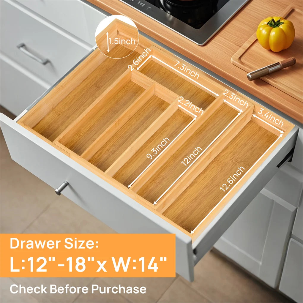 Expandable Bamboo Kitchen Drawer Organizer Adjustable Cutlery Tray for Utensils Silverware and Flatware 5 to 7 Slots