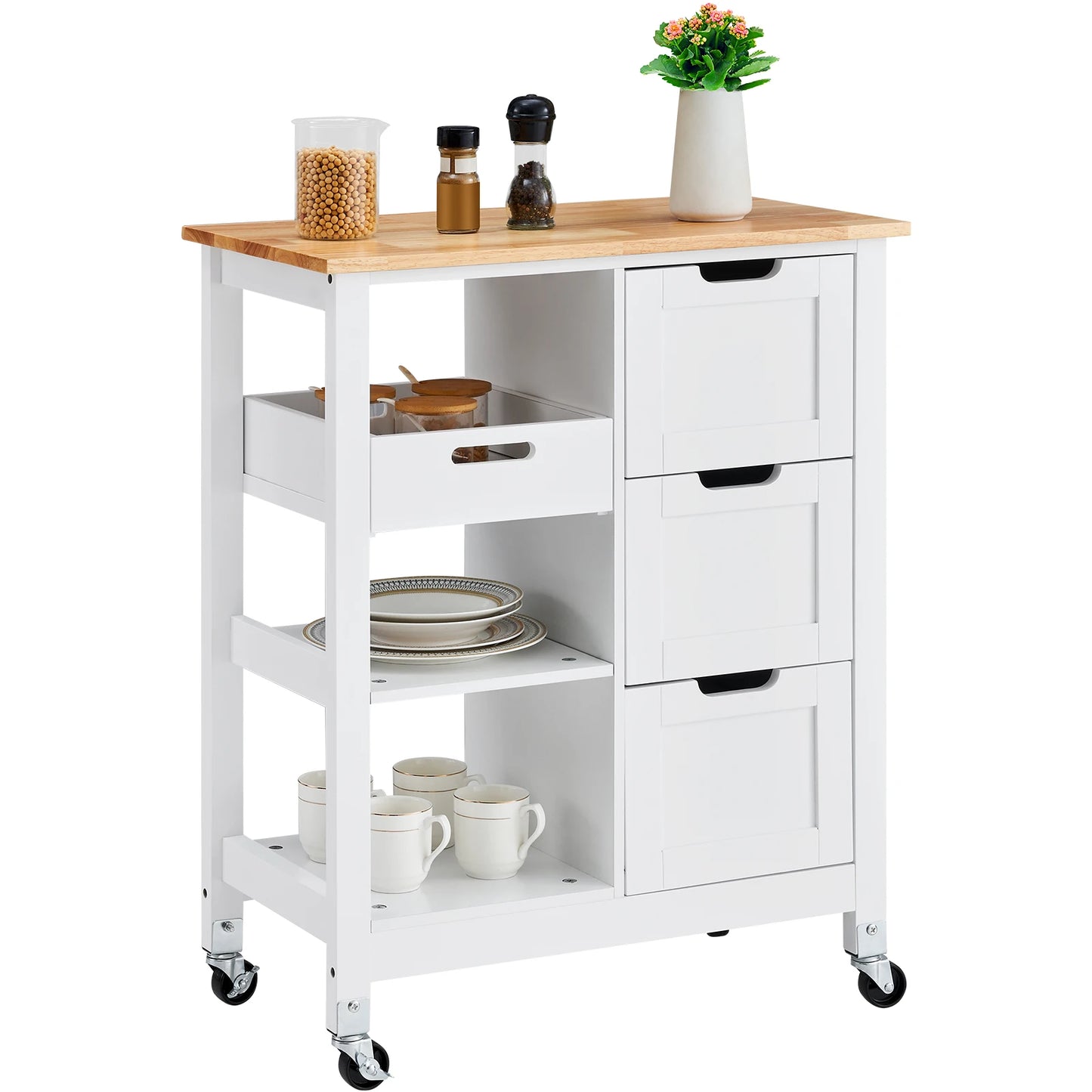 SucceBuy Kitchen Island Cart With Wood Top Drawers Shelves