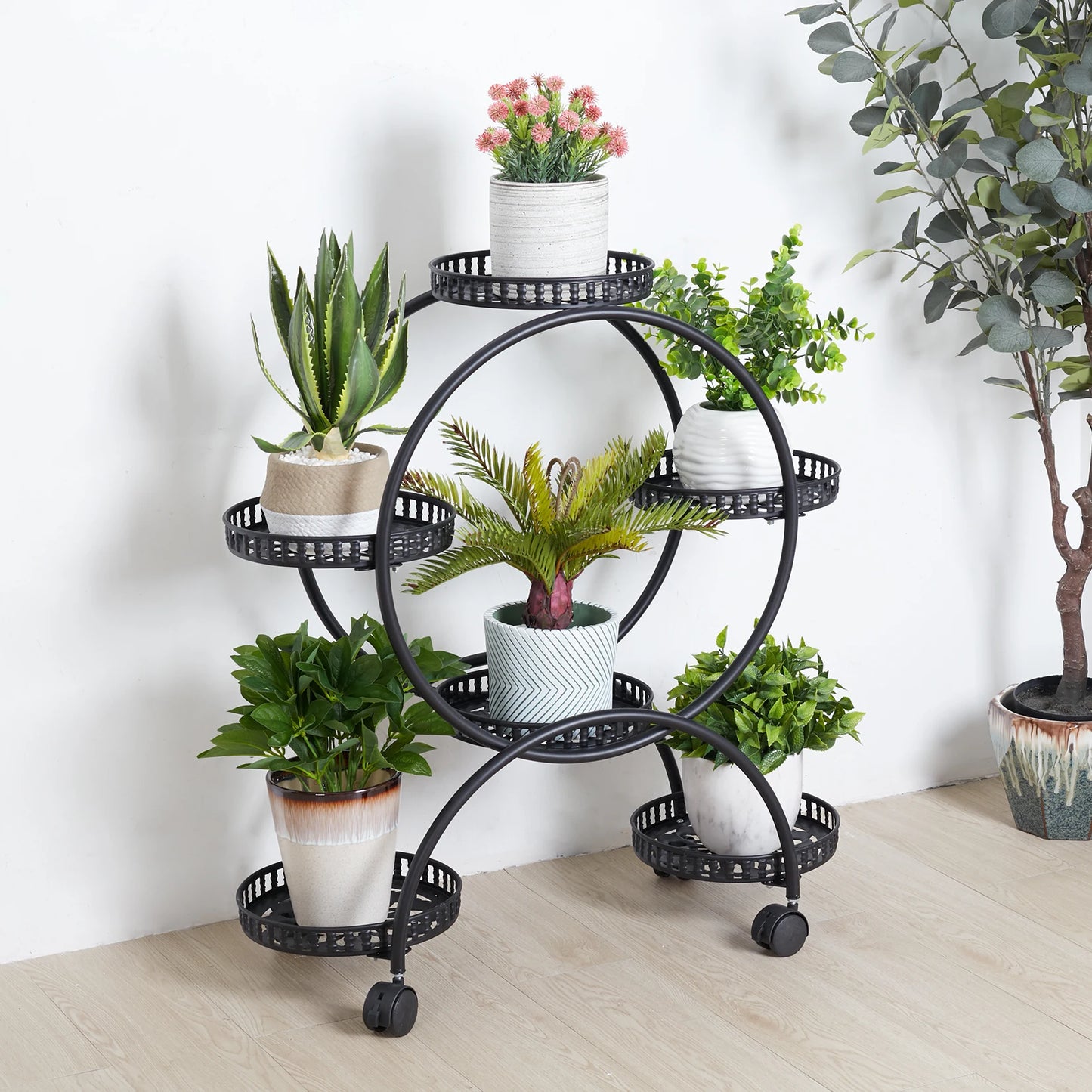 4 Layer 6 Pots Flower Holder Plant Stand Shelf 4 Wheel Free Moving Display Rack for Balcony and Garden