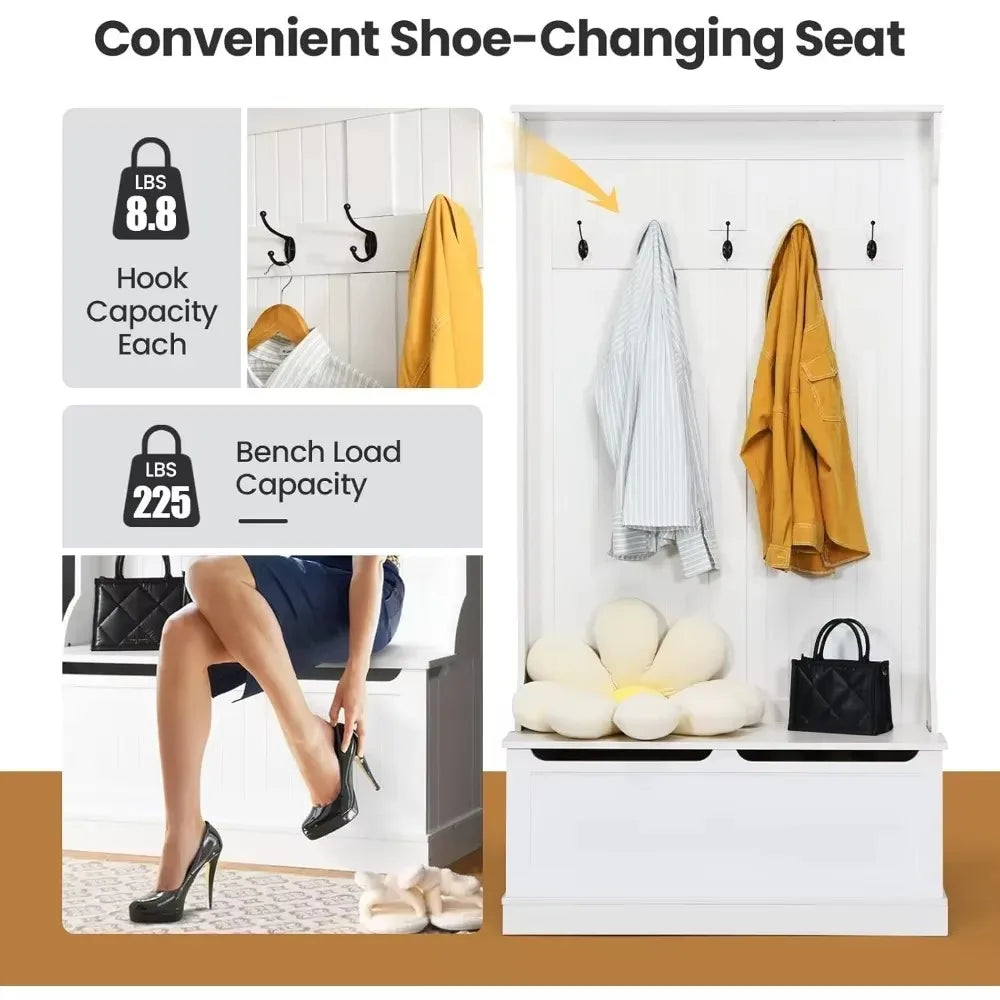 3 in 1 Coat Rack with 5 Double Hooks and Anti Toppling Strip Storage Bench with Bottom Storage Organizer for Hallway Bedroom
