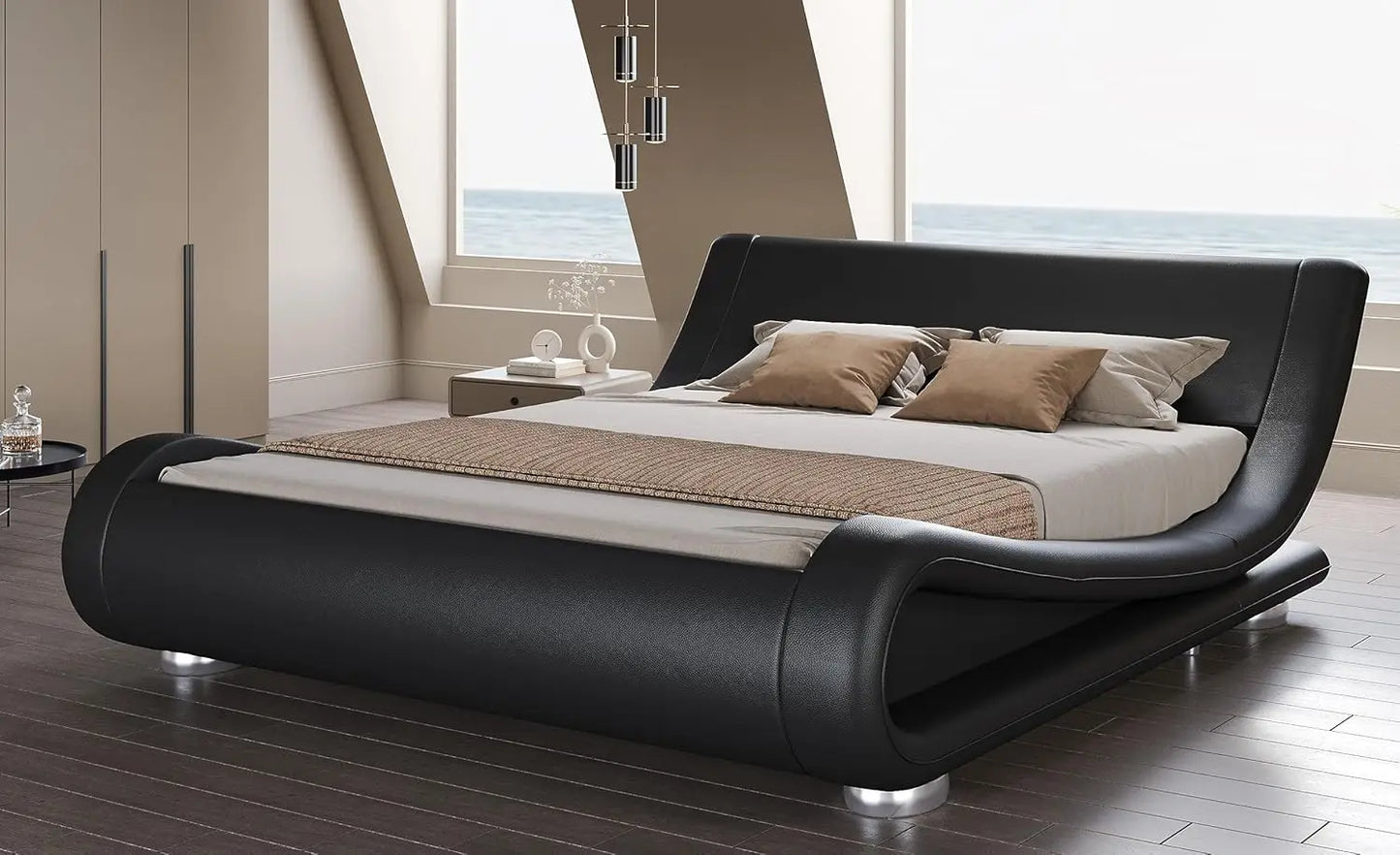 Bed frame, Low Profile Sleigh Bed with Faux Leather Ergonomics Headboard, No Box Spring Needed Easy Assembly, Bedroom Furniture