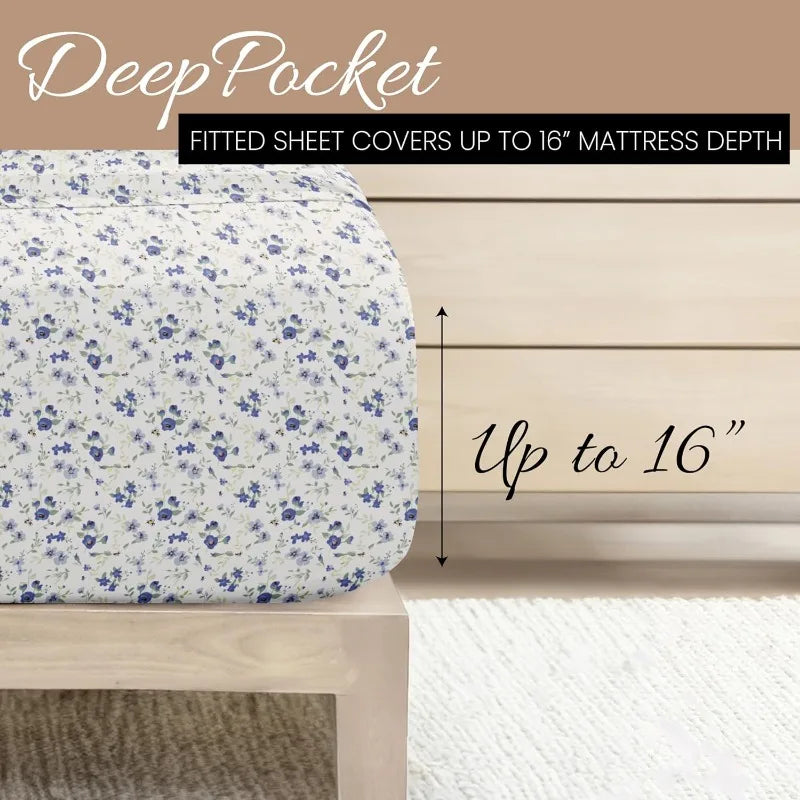 4 Piece Queen Sheet Set Light Blue Floral Ultra Soft Cooling Bed Sheets