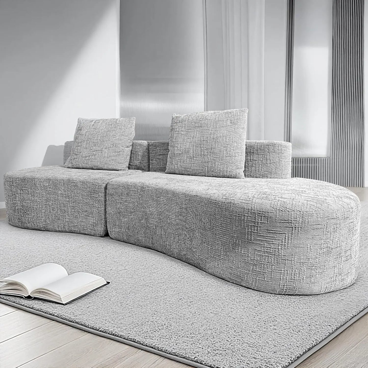 98" Curved Sofa with Half Moon Design, Sofa Bed with 2 Throw Pillows & 4 Seaters for Living Room, Office & Apartment