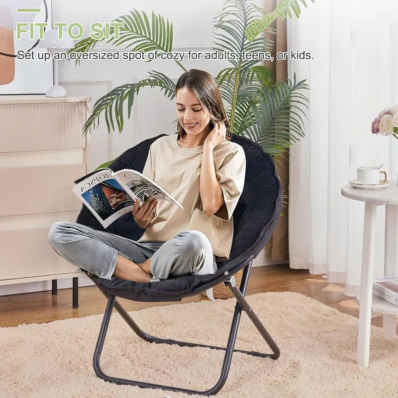 Saucer Chair for Adults Folding Moon Chair with Metal Frame Faux Fur for Bedroom Living Room Dorm Room Apartment Black