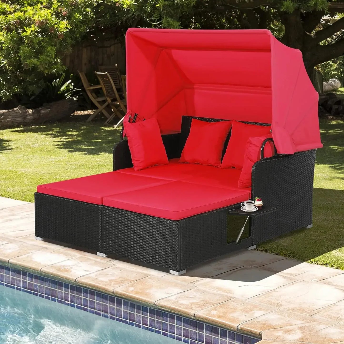 Outdoor Hand Woven PE Wicker Daybed Patio Loveseat Sofa Set with Retractable Canopy and 2 Side Tables