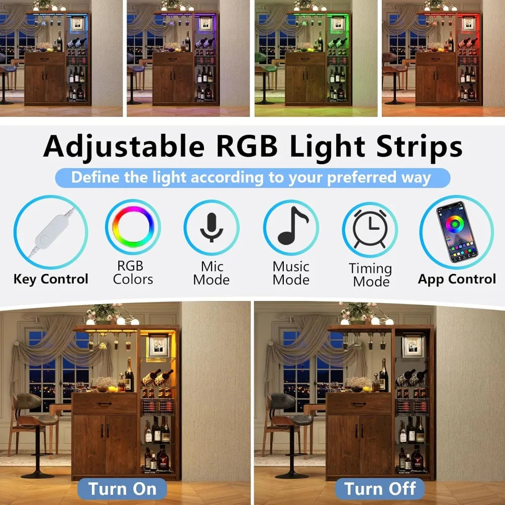 LED Bars Cabinet with Wine Glass Holder and Glass Display Cabinet Coffee Bars with Storage and Two Drawers for Home Dining Room