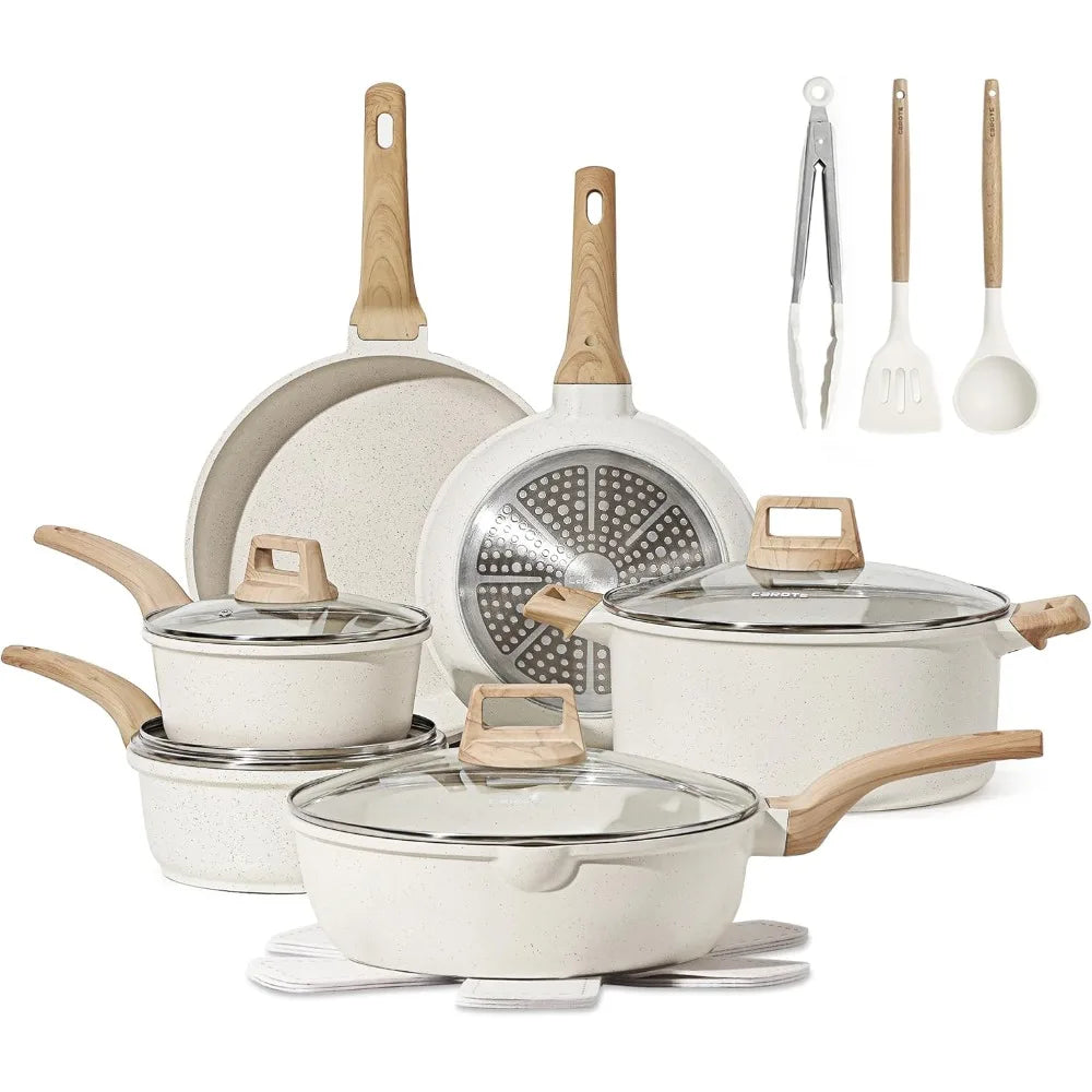16 Piece Nonstick Pots and Pans Set White Granite Induction Cookware Set
