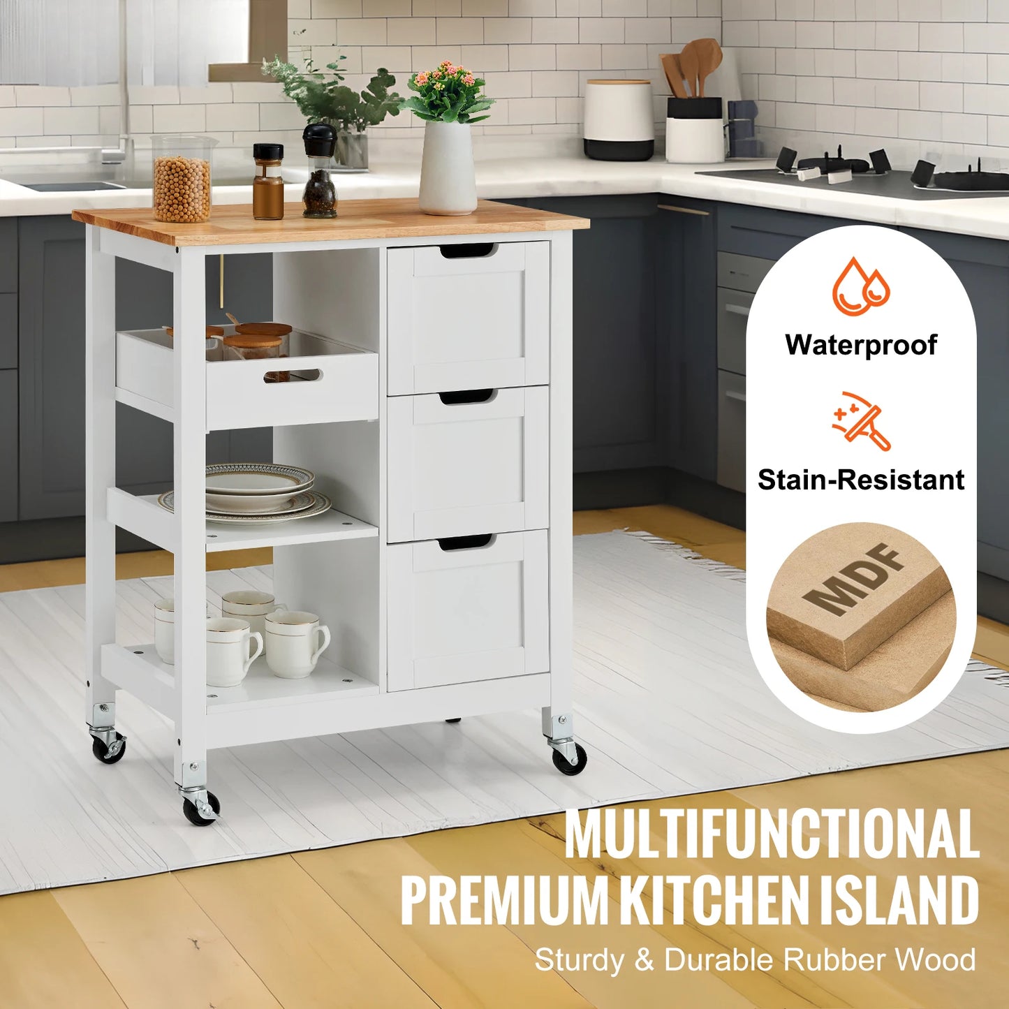 SucceBuy Kitchen Island Cart With Wood Top Drawers Shelves