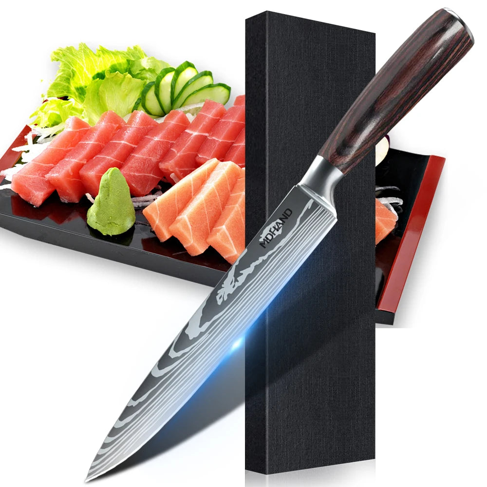 8PCS Japanese Kitchen Knife Set Professional Laser Damascus Pattern Stainless Steel Meat Cleaver Slicer Knife