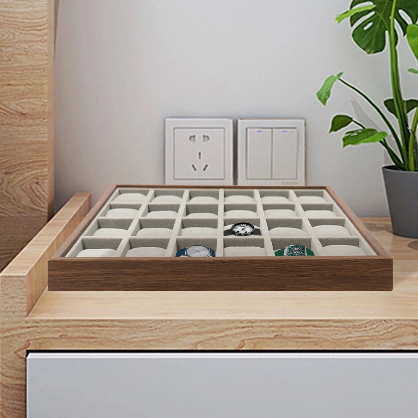 24 Compartment Watch Organizer Box with Walnut Grain Finish and Soft Lining for Home Bedroom Storage