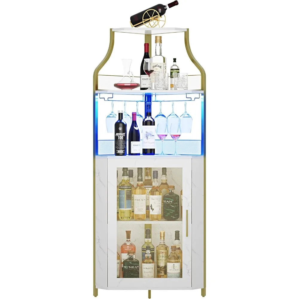 Corner Bar Wine Cabinet with LED Lights 5-Tier Industrial Wine Cabinet with Glass Holder Modern Liquor Cabinet White and Gold