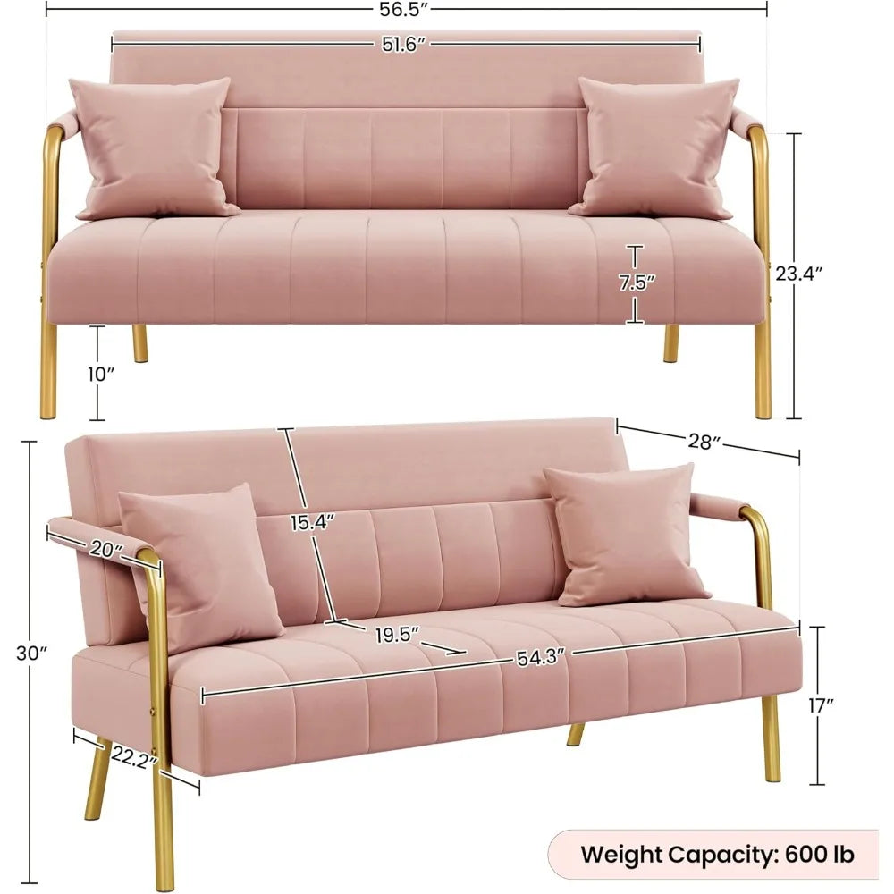 Lux Velvet Sofa With Gold Tone Metal Arms For Living Room