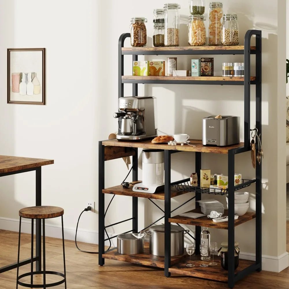 Bakers Rack with Power Outlet Coffee Bar with Wire Drawer Industrial Microwave Stand Kitchen Buffet Table with Large Storage Brown