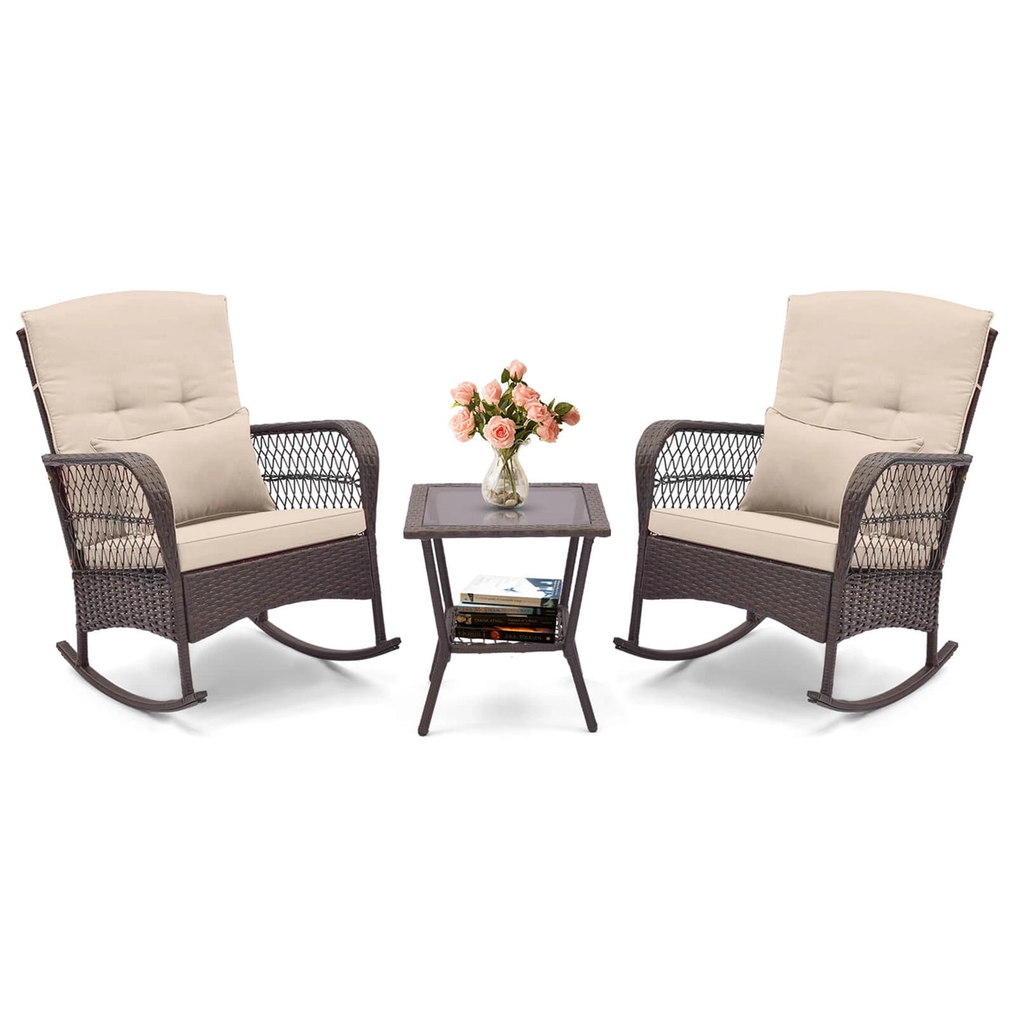 3 Piece Patio Rocker Set Outdoor Wicker Rocking Chairs with Double Layer Coffee Table Beige