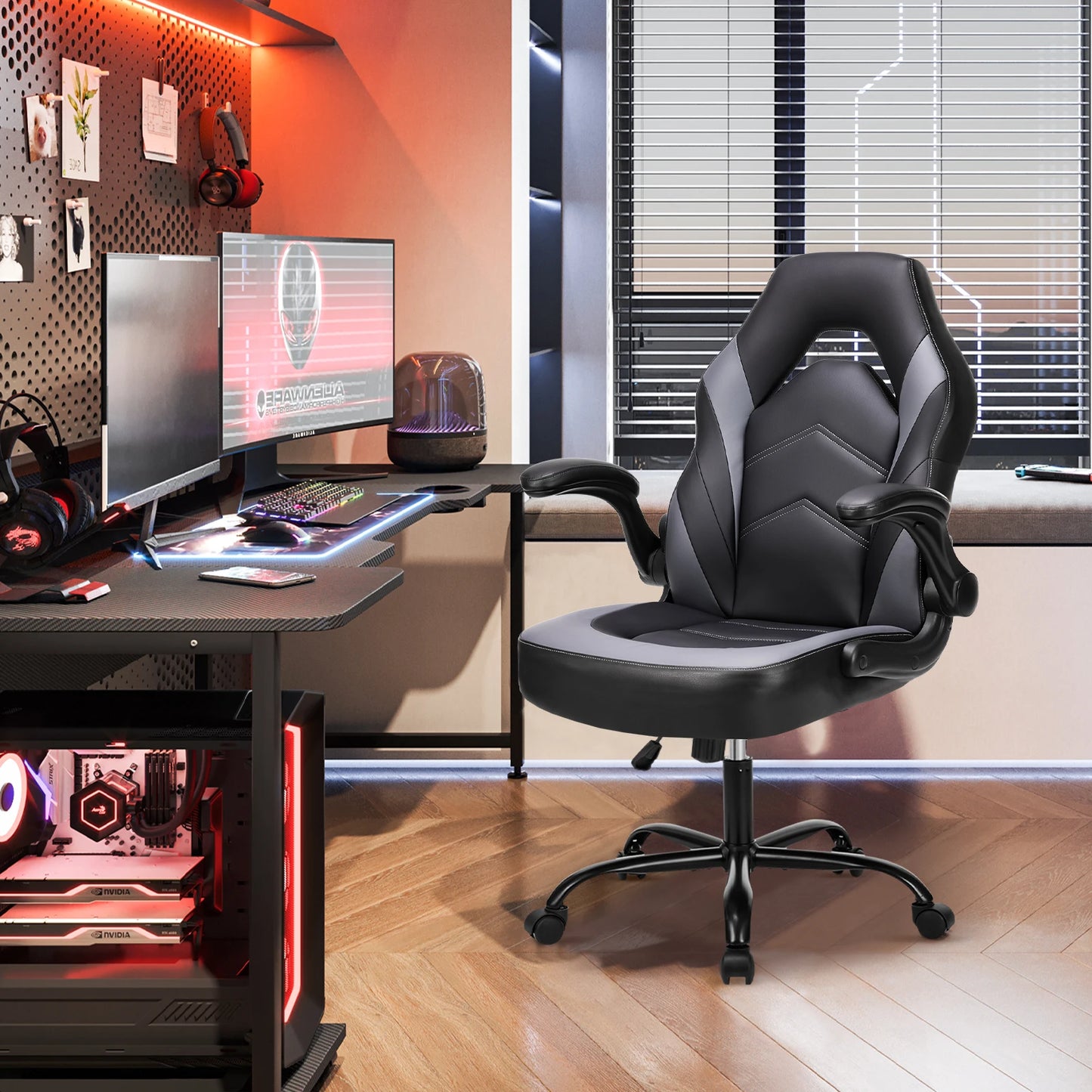 JHK Ergonomic Office Computer Gaming Desk Chair Adjustable PU Leather Racing Chair with Flip-Up Armrest Red