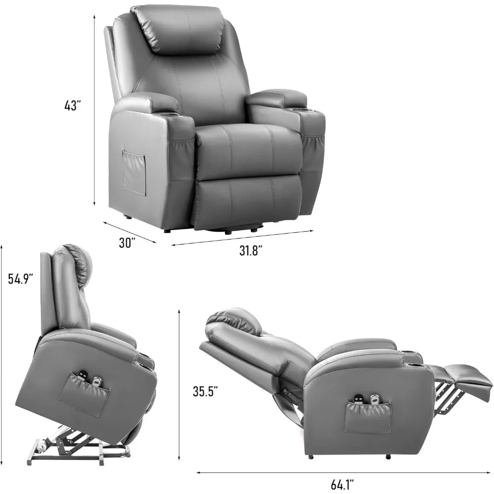 Power Lift Recliner Chair with Massage for Elderly PU Leather Modern Reclining Sofa Chair with Cup Holders and Remote Control