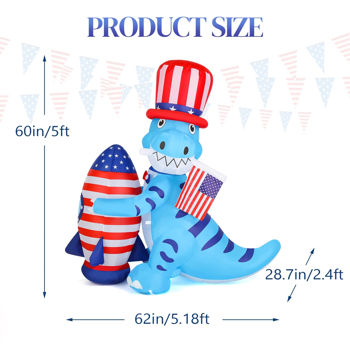 5ft Dinosaur Holding Rocket Independence Day Blow Up Lighted Decoration with 4 LED Lights