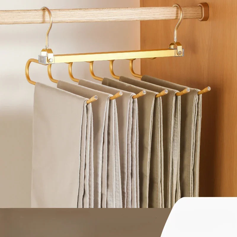 6 Layers Aluminum Pants Hangers Space Saving Jeans Scarf Organizer Multi Functional Closet Heavy Rack for Slacks Skirt Trousers Black