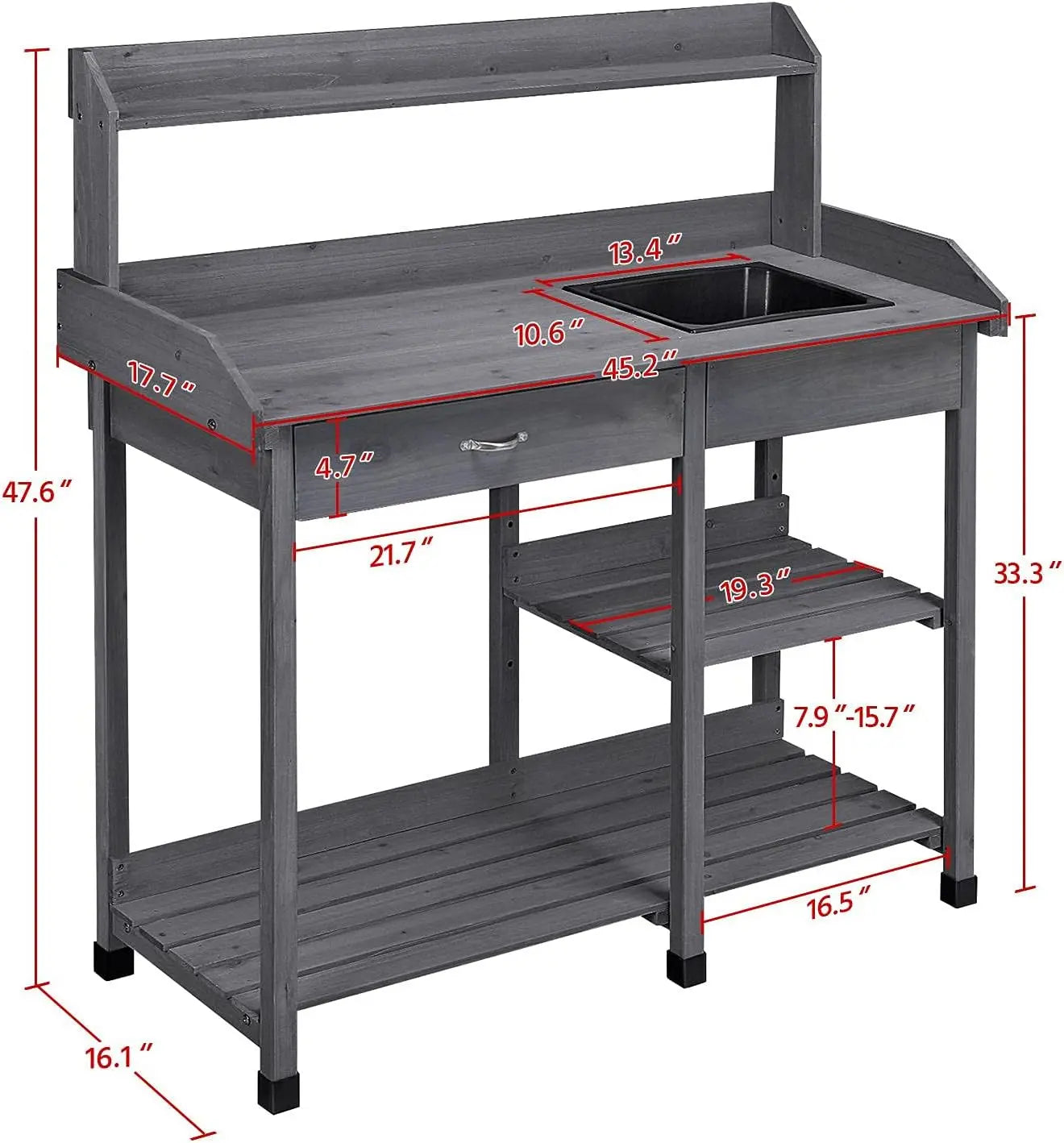 Outdoor Potting Bench Table Garden Workstation with Drawer Adjustable Shelf Removable Sink Hooks and Pads Gray