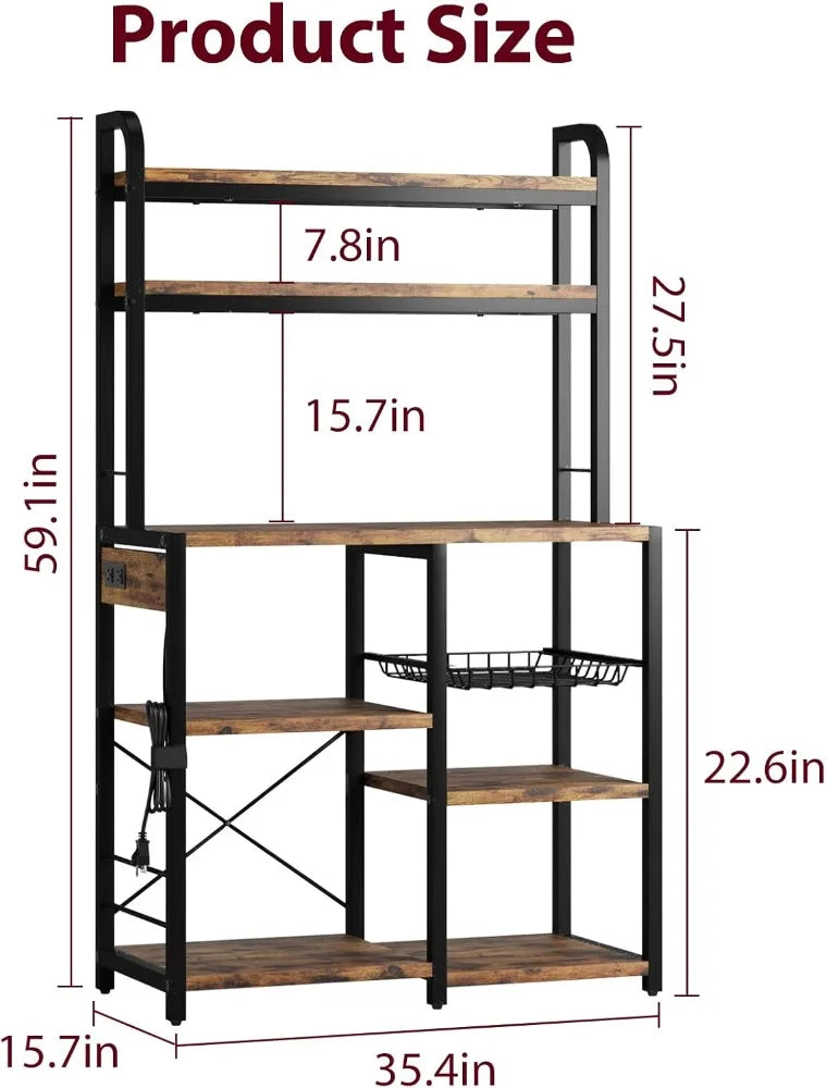 Bakers Rack with Power Outlet Coffee Bar with Wire Drawer Industrial Microwave Stand Kitchen Buffet Table with Large Storage Brown