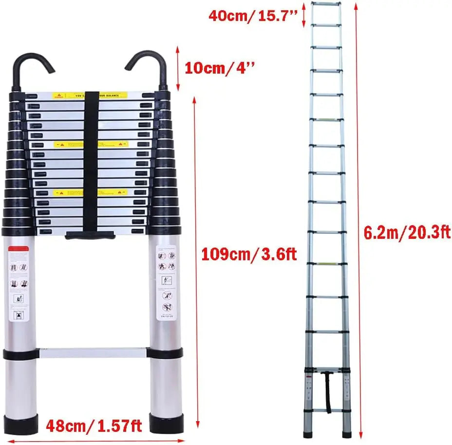 Telescopic Ladder 6.2 Meters with Detachable Hooks and Extendable Steps Folding Tall Loft Ladder with Non Slip Feet Collapsible Design