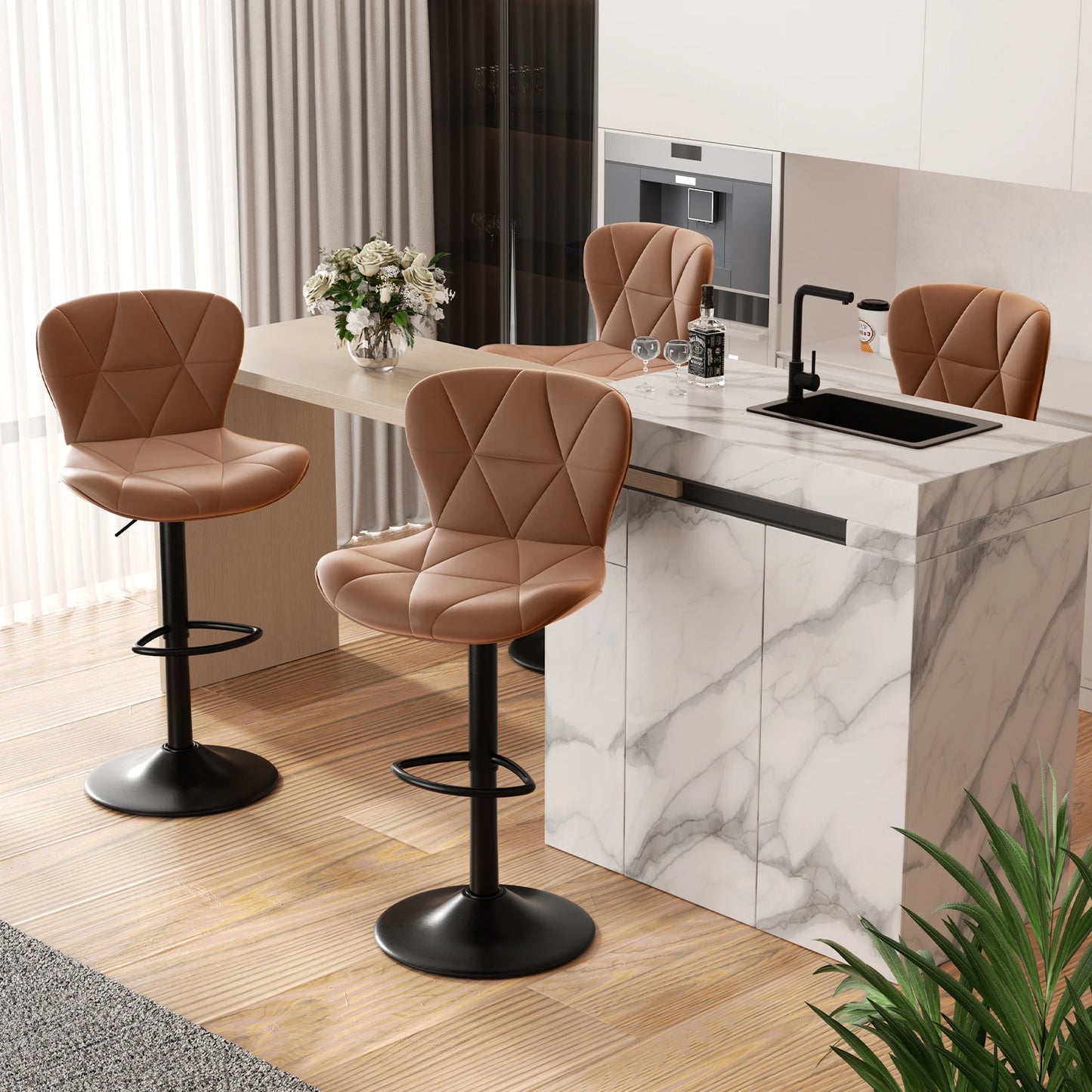 2 Pcs Bar Chair 360 Degree Rotation Adjustable Height Faux Leather Upholstered Backrest Bar Furniture for Dining Room Kitchen