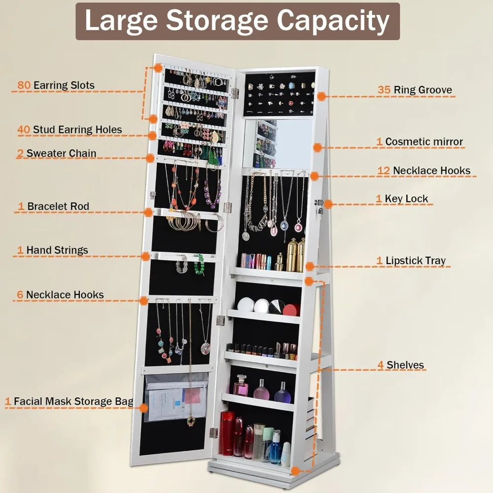 65 Inch Standing Mirror Jewelry Cabinet 360 Swivel