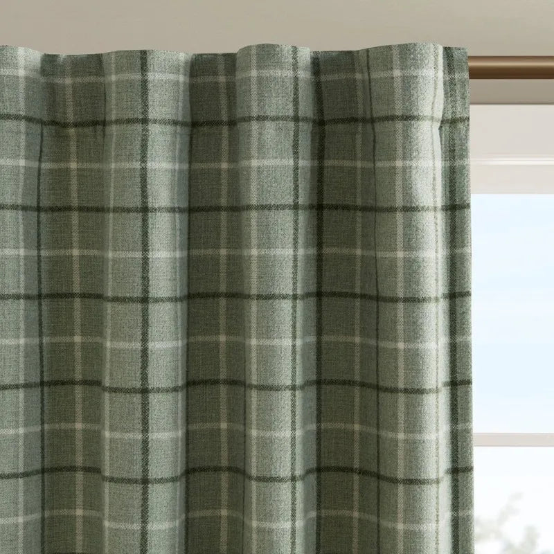 Green Plaid Curtain Panel With Fleece Lining 50x84