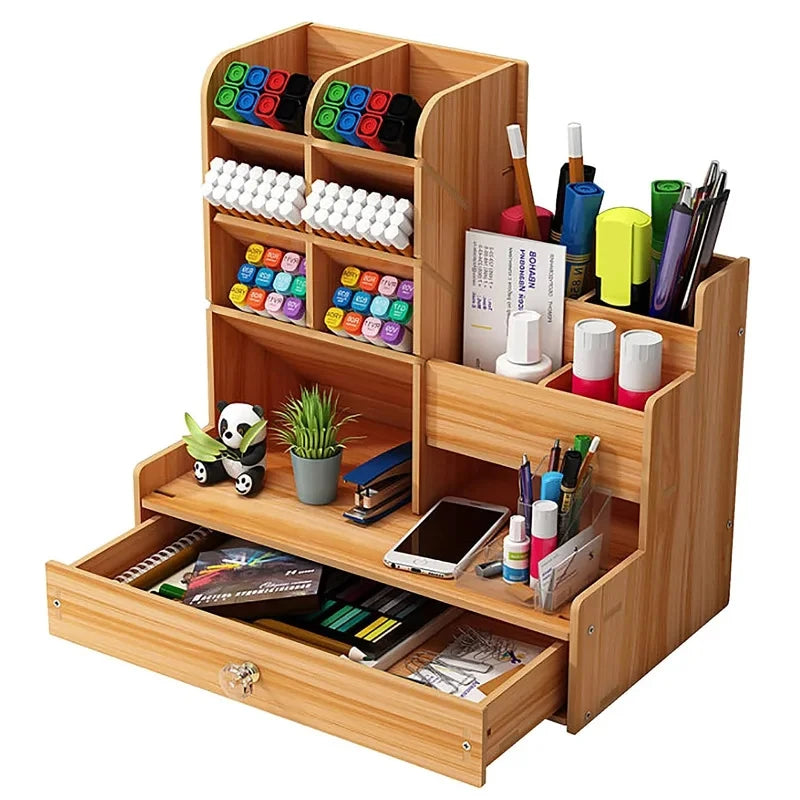 Wooden Desk Organizer DIY Desktop Tidy Pen Holder Large Capacity Stationery Storage Box with Drawer for Home Office and School Black