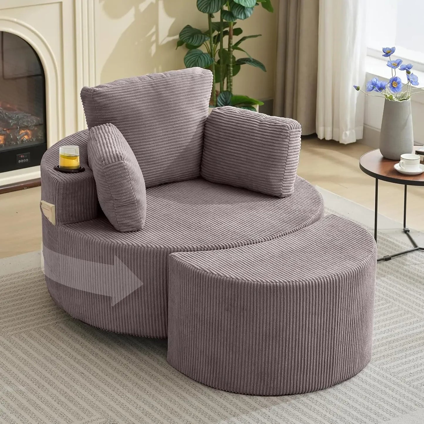 Swivel Accent Chair 42 Inch Wide Oversized Swivel Recliner Comfy Upholstered Round Barrel Chair with Ottoman for Living Room