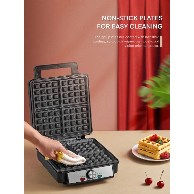FOHERE Four Waffle Maker Electric Belgian Black Stainless